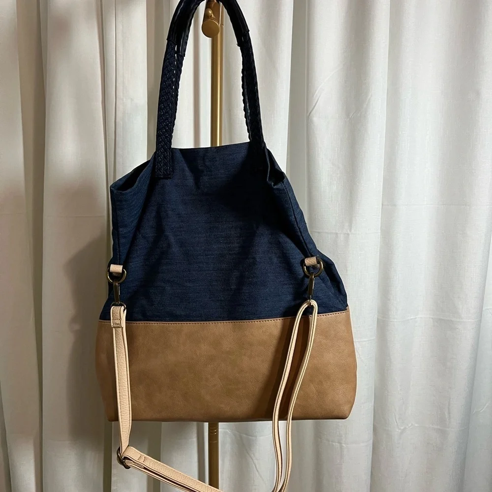 G.H. Bass Blue Denim and Tan Casual Tote Bag with Color Block Design